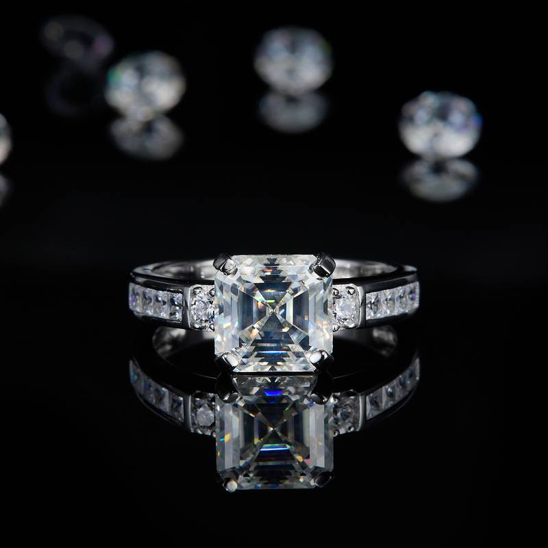 阿斯切方钻S925银镀白金Women's Ring定制选款主石Moissanite2.5ct/副石高碳钻