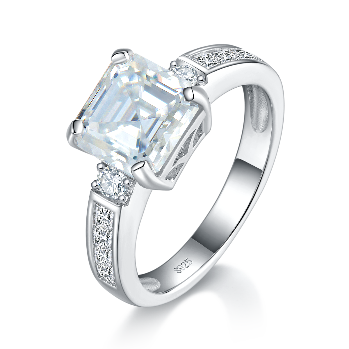 阿斯切方钻S925银镀白金女戒定制选款主石莫桑钻2.5ct/副石高碳钻