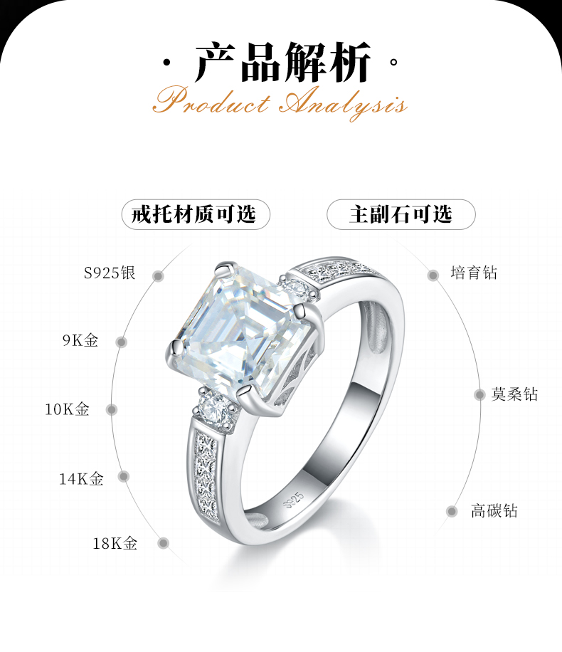 阿斯切方钻S925银镀白金女戒定制选款主石莫桑钻2.5ct/副石高碳钻 - 2