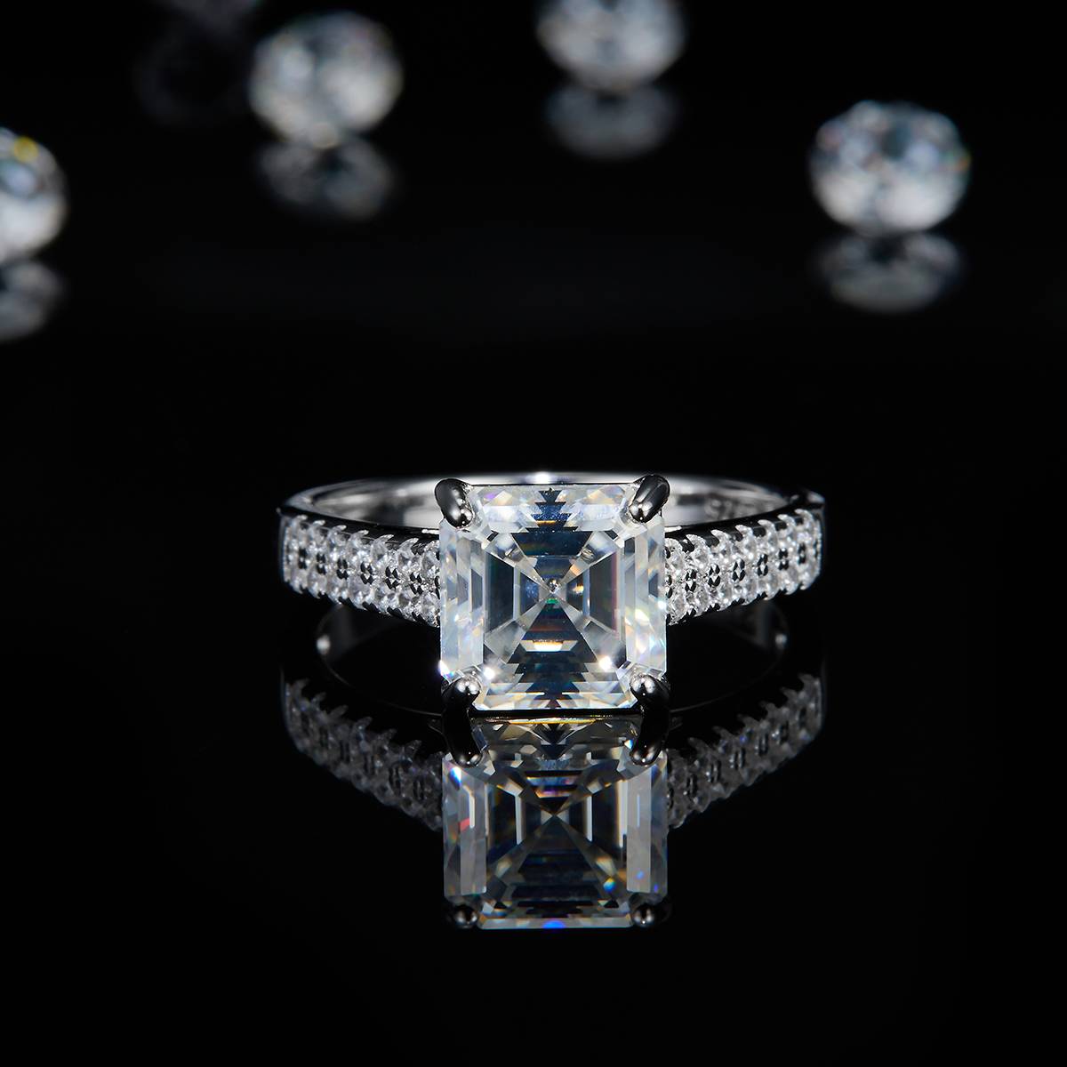 Asscher Square Diamond S925 Silver Plated Platinum Women's Ring Customized Selection Main Stone Moissanite 2.5ct/Side Stone Cubic Zirconia