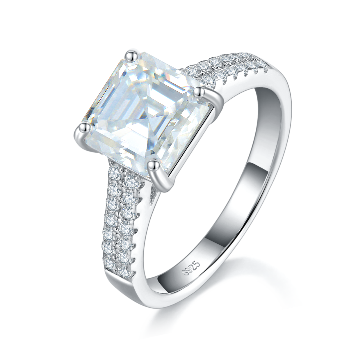 Asscher Square Diamond S925 Silver Plated Platinum Women's Ring Customized Selection Main Stone Moissanite 2.5ct/Side Stone Cubic Zirconia