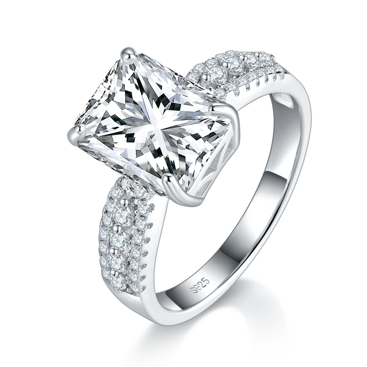 长方钻S925银镀白金女戒定制选款主石莫桑钻4.0ct/副石高碳钻