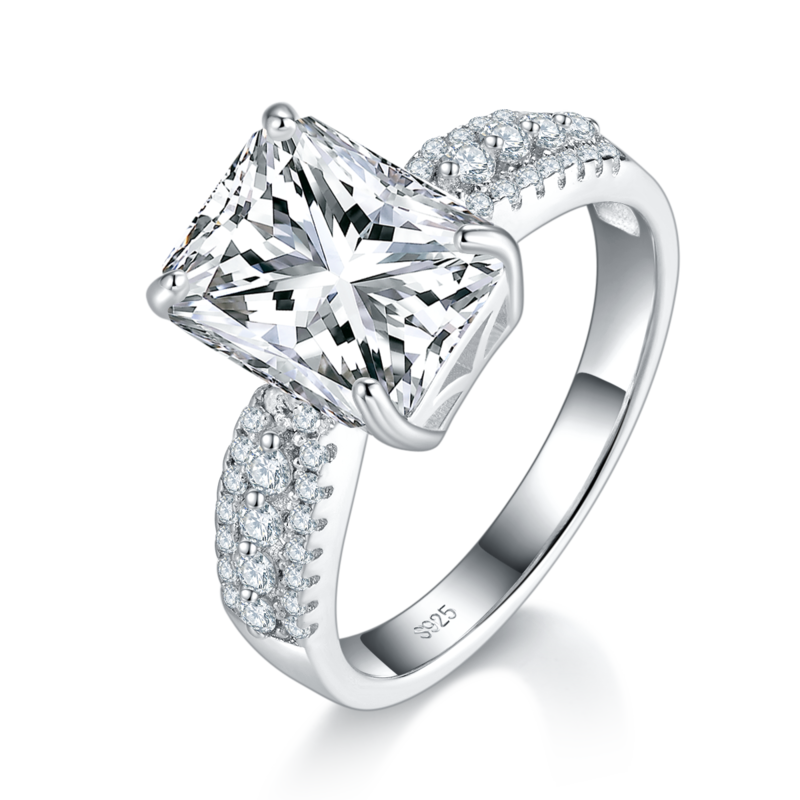 长方钻S925银镀白金Women's Ring定制选款主石Moissanite4.0ct/副石高碳钻