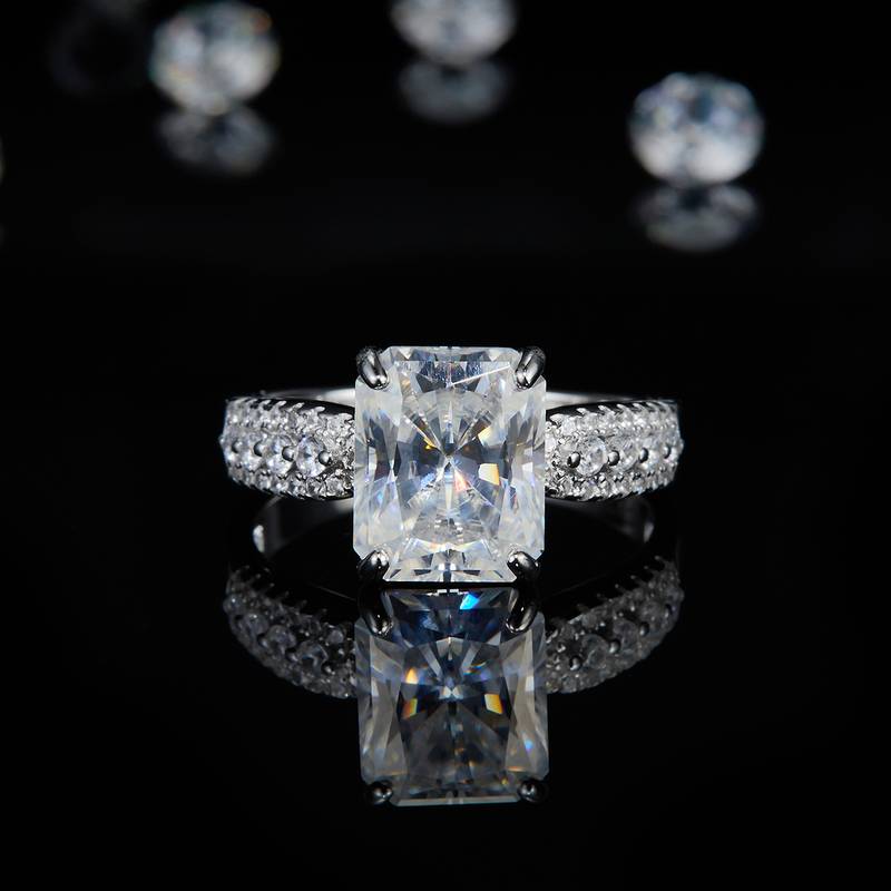 长方钻S925银镀白金Women's Ring定制选款主石Moissanite4.0ct/副石高碳钻