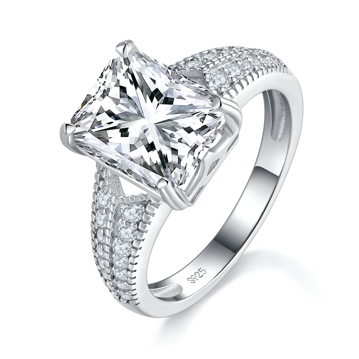 轻奢满钻长方钻S925银镀白金女戒定制选款主石莫桑钻4.0ct/副石高碳钻