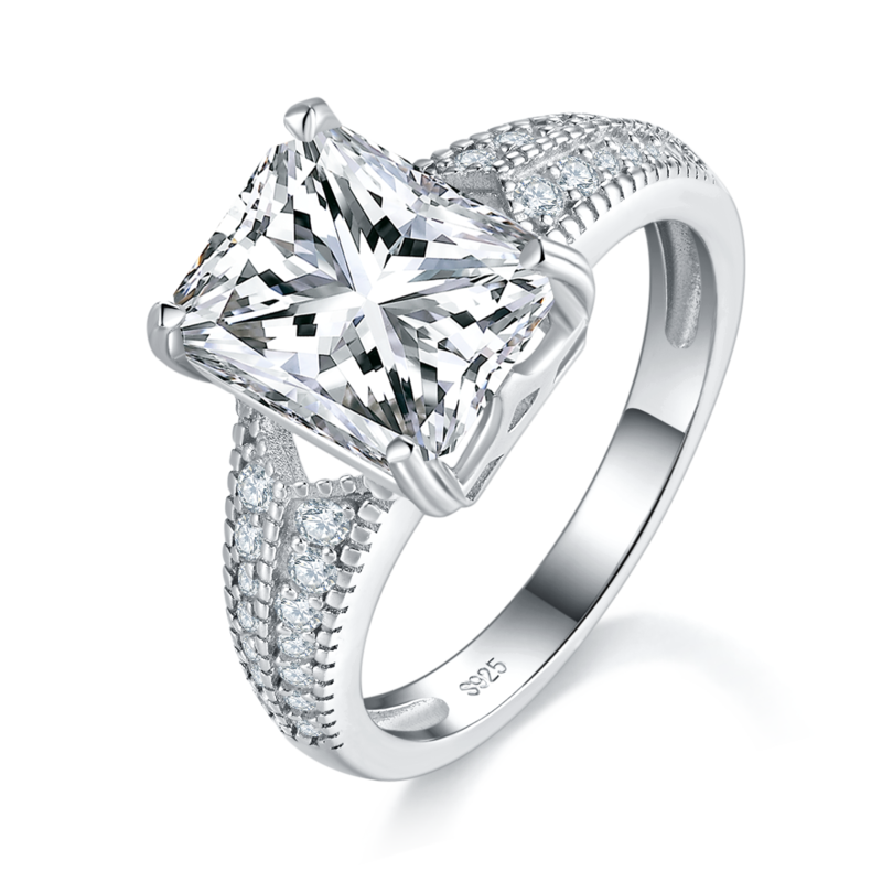 Affordable Luxury满钻长方钻S925银镀白金Women's Ring定制选款主石Moissanite4.0ct/副石高碳钻