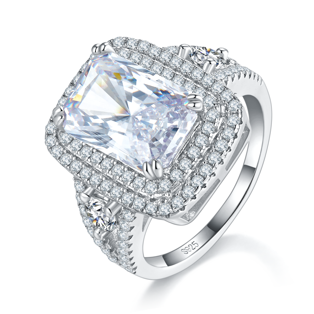 豪华长方钻女戒S925银镀白金定制选款主石莫桑钻5.0ct/副石高碳钻
