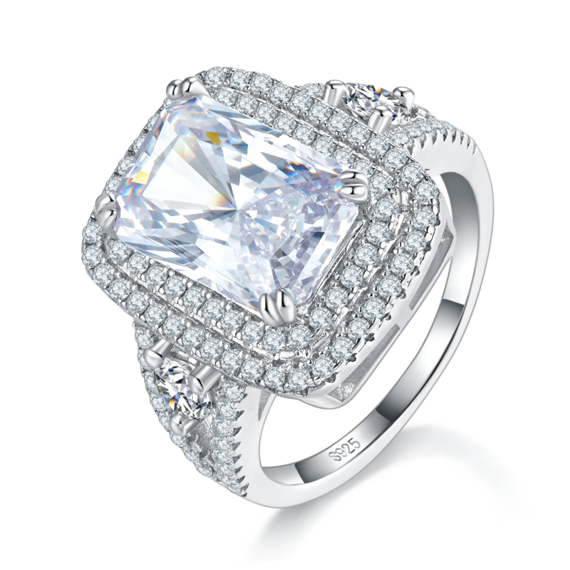 豪华长方钻Women's RingS925银镀白金定制选款主石Moissanite5.0ct/副石高碳钻