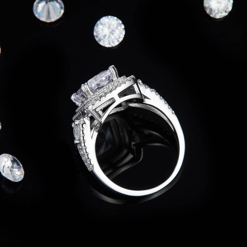 豪华长方钻Women's RingS925银镀白金定制选款主石Moissanite5.0ct/副石高碳钻