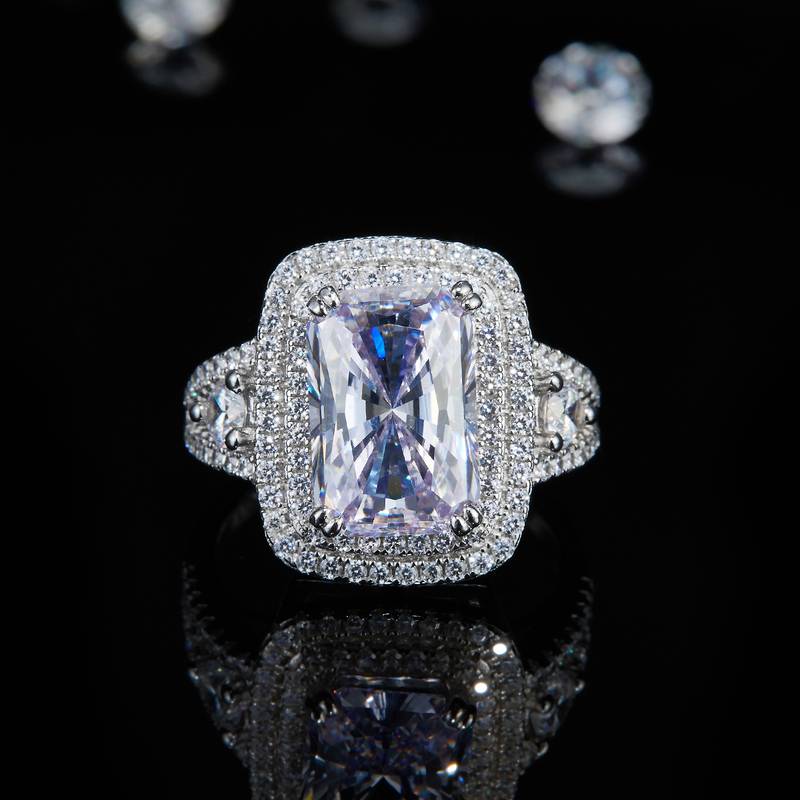 豪华长方钻Women's RingS925银镀白金定制选款主石Moissanite5.0ct/副石高碳钻
