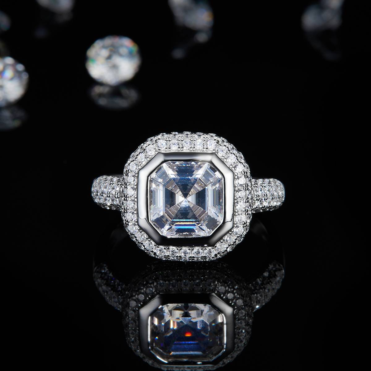 Luxury Asscher Square Diamond Women's Ring S925 Silver Plated Platinum Customized Selection Main Stone Moissanite 2.5ct/Side Stone Cubic Zirconia