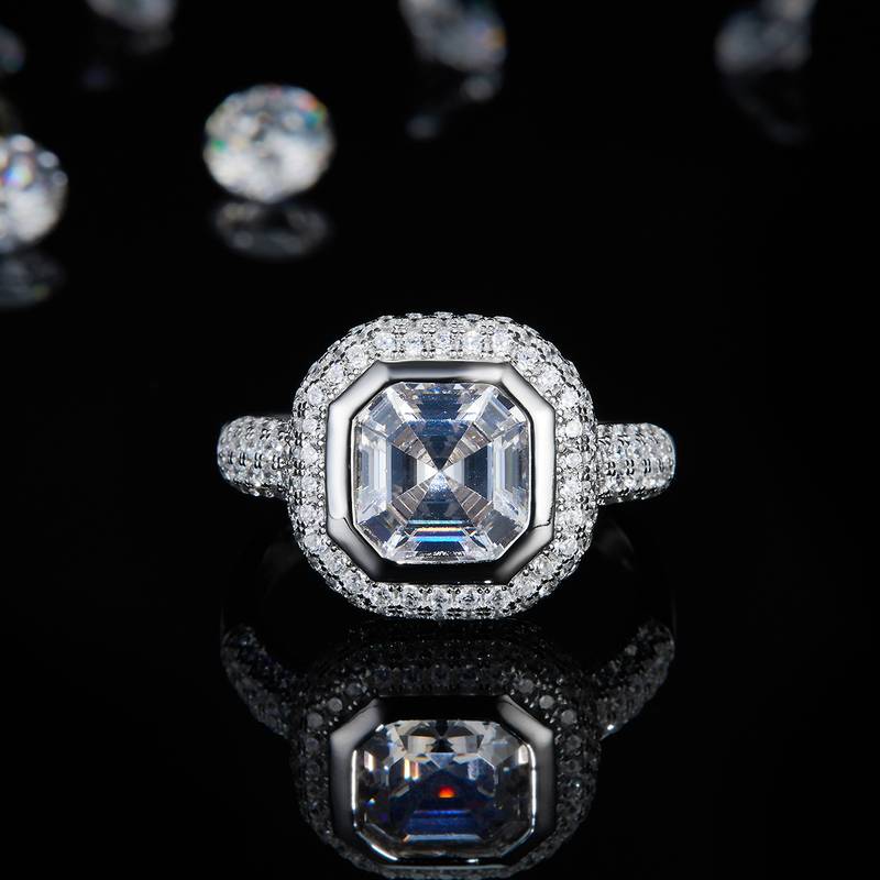 豪华款阿斯切方钻Women's RingS925银镀白金定制选款主石Moissanite2.5ct/副石高碳钻