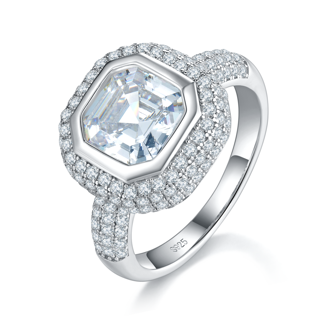 Luxury Asscher Square Diamond Women's Ring S925 Silver Plated Platinum Customized Selection Main Stone Moissanite 2.5ct/Side Stone Cubic Zirconia