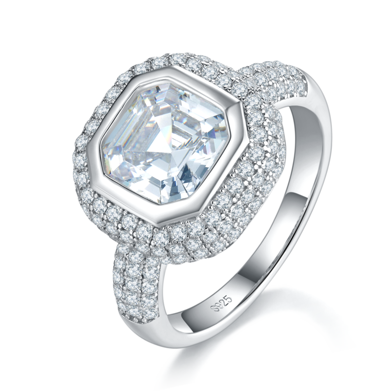 豪华款阿斯切方钻Women's RingS925银镀白金定制选款主石Moissanite2.5ct/副石高碳钻