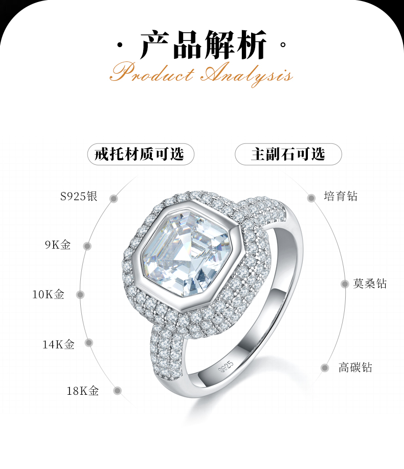 豪华款阿斯切方钻女戒S925银镀白金定制选款主石莫桑钻2.5ct/副石高碳钻 - 2