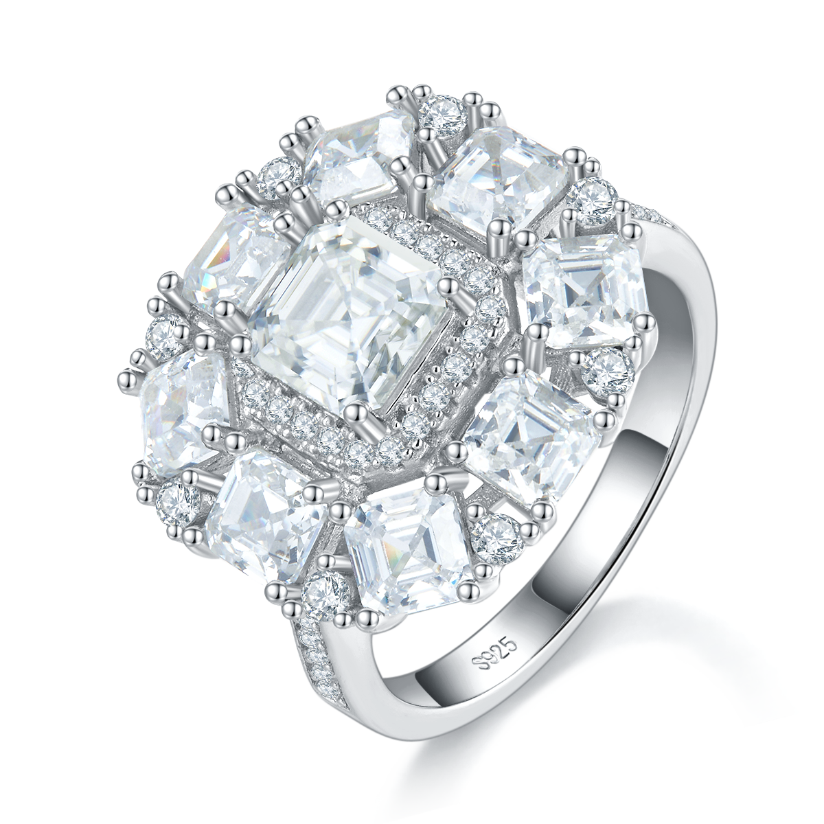 Luxury Small Square Diamond Set Women's Ring S925 Silver Plated Platinum Customized Selection Main Stone Moissanite 1.0ct/Side Stone Cubic Zirconia
