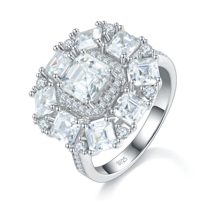 豪华款小方钻围镶Women's RingS925银镀白金定制选款主石Moissanite1.0ct/副石高碳钻
