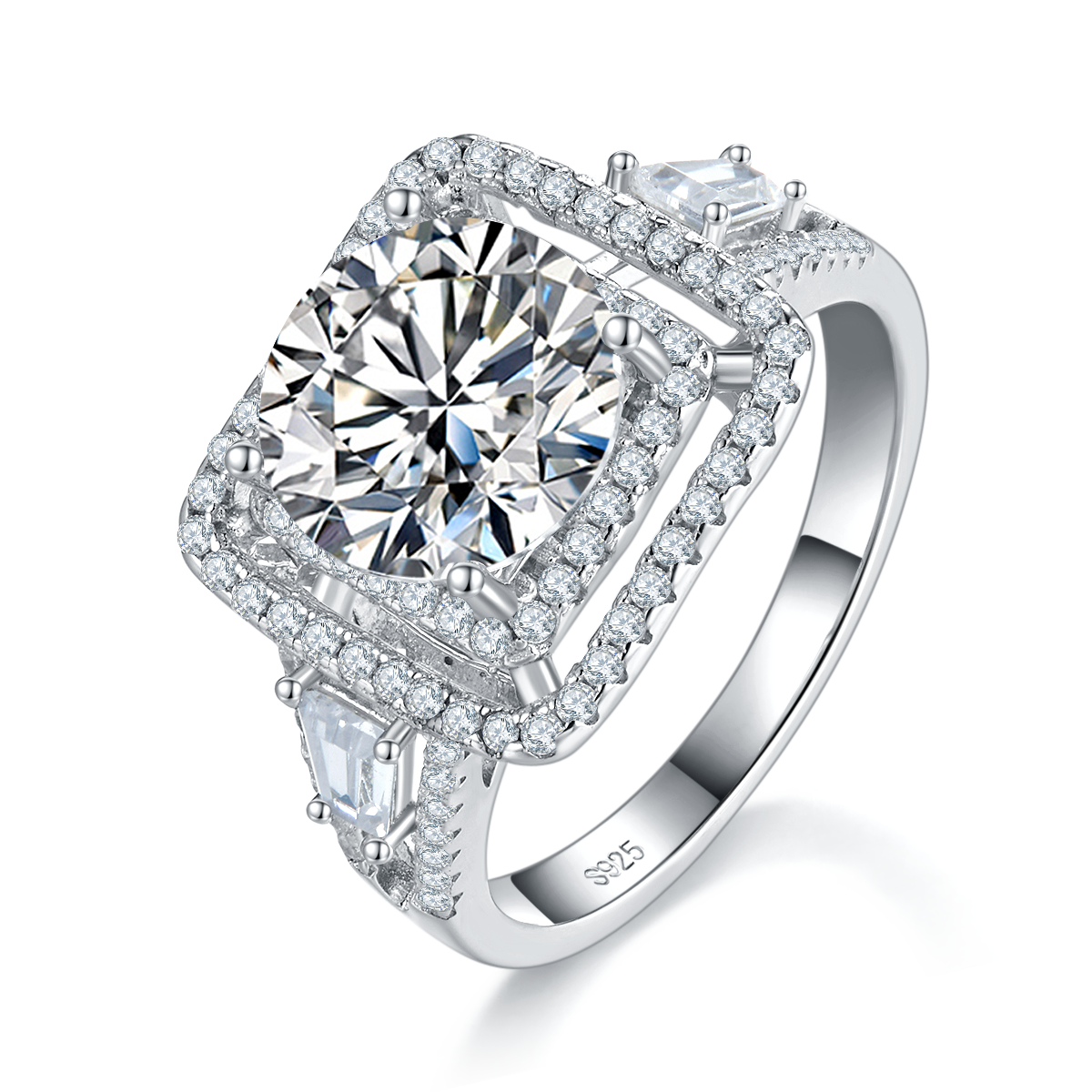 双层围镶方包圆钻女戒S925银镀白金定制选款主石莫桑钻3.0ct/副石高碳钻