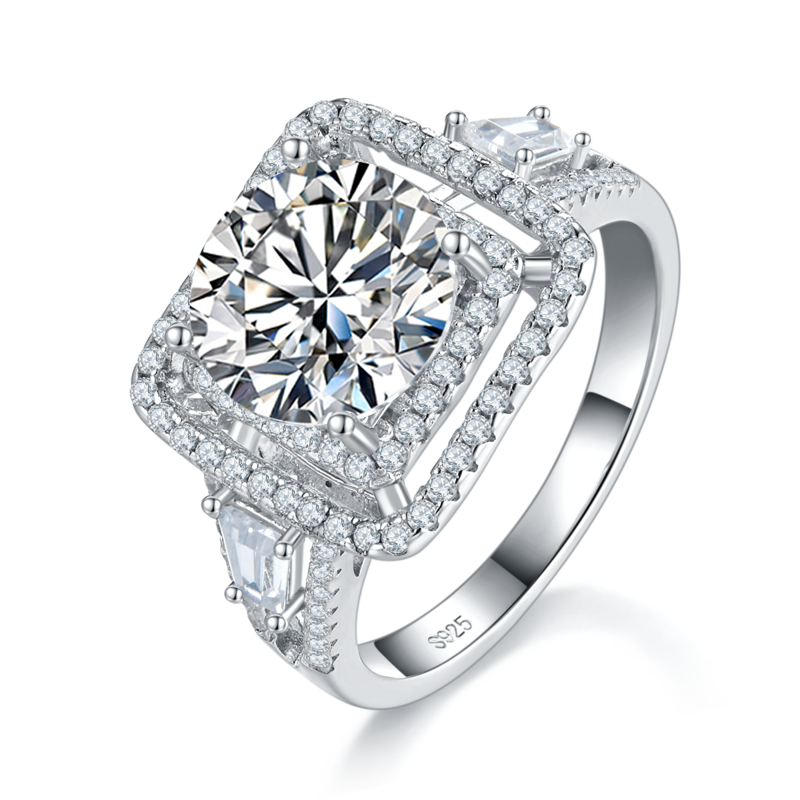 双层围镶方包圆钻Women's RingS925银镀白金定制选款主石Moissanite3.0ct/副石高碳钻