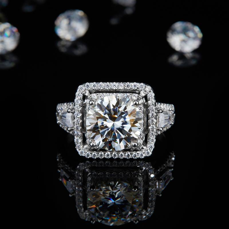 双层围镶方包圆钻Women's RingS925银镀白金定制选款主石Moissanite3.0ct/副石高碳钻