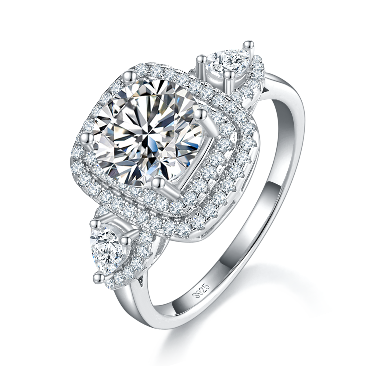 Luxury Square Package Round Diamond Women's Ring S925 Silver Plated Platinum Customized Selection Main Stone Moissanite 2.0ct/Side Stone Cubic Zirconia