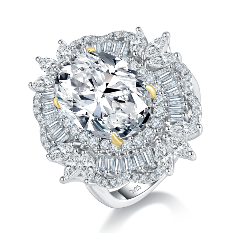 豪华款小T方钻围镶蛋形Women's RingS925银镀白金定制选款主石Moissanite8.0ct/副石高碳钻