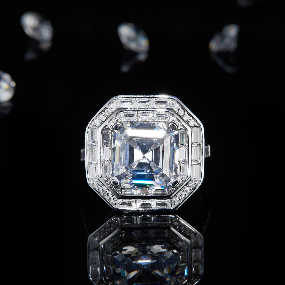 Luxury Asscher Women's Ring S925 Silver Plated Platinum Customized Selection Main Stone Moissanite 5.0ct/Side Stone Cubic Zirconia