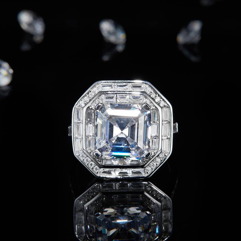 豪华阿斯切Women's RingS925银镀白金定制选款主石Moissanite5.0ct/副石高碳钻