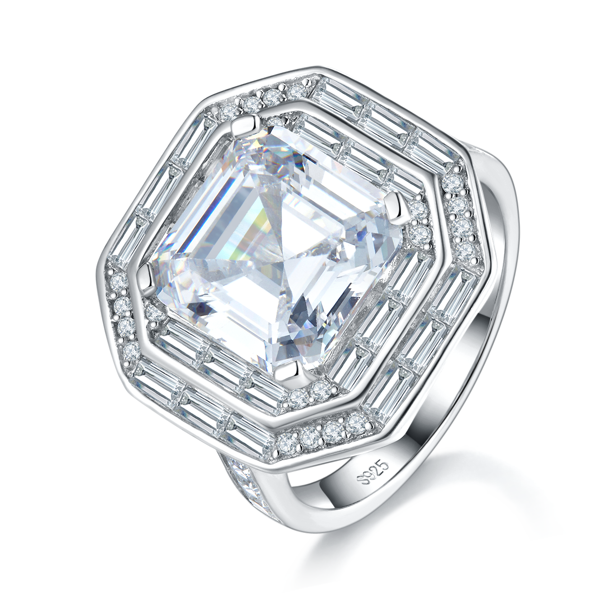 Luxury Asscher Women's Ring S925 Silver Plated Platinum Customized Selection Main Stone Moissanite 5.0ct/Side Stone Cubic Zirconia