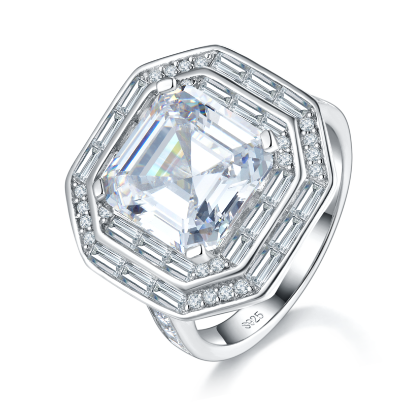 豪华阿斯切Women's RingS925银镀白金定制选款主石Moissanite5.0ct/副石高碳钻
