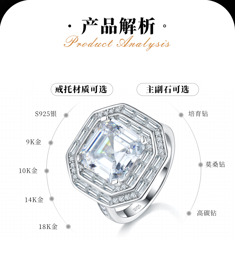 豪华阿斯切女戒S925银镀白金定制选款主石莫桑钻5.0ct/副石高碳钻 - 2