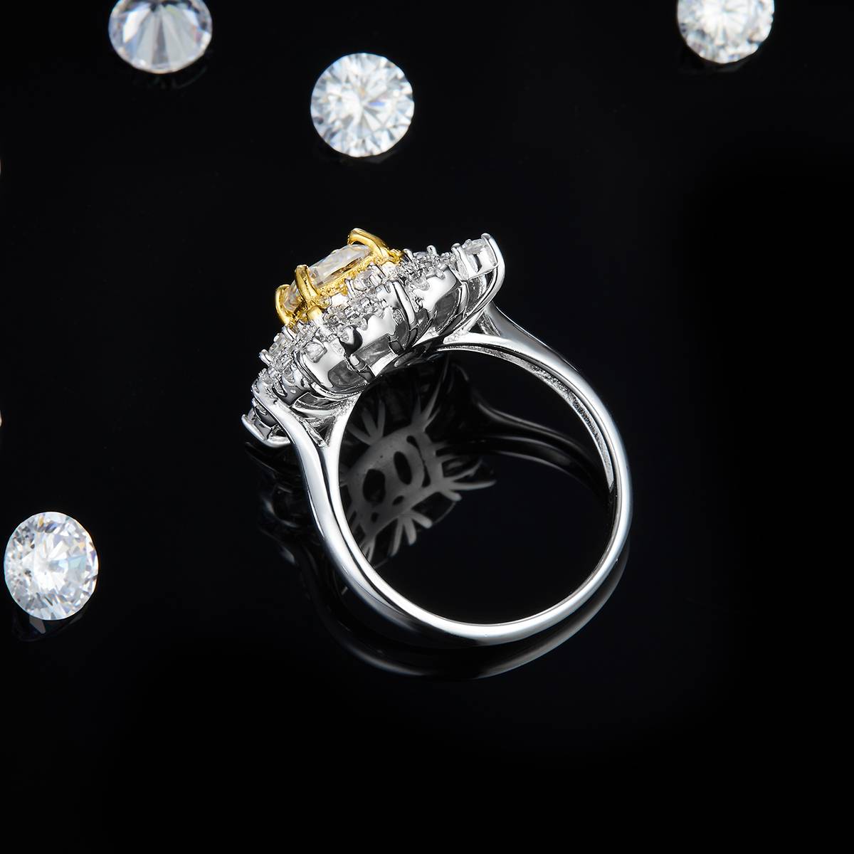 Luxury Full Diamond Encircled Round Diamond Women's Ring S925 Silver Plated Platinum+Yellow Gold Customized Selection Main Stone Moissanite 1.0ct/Side Stone Cubic Zirconia