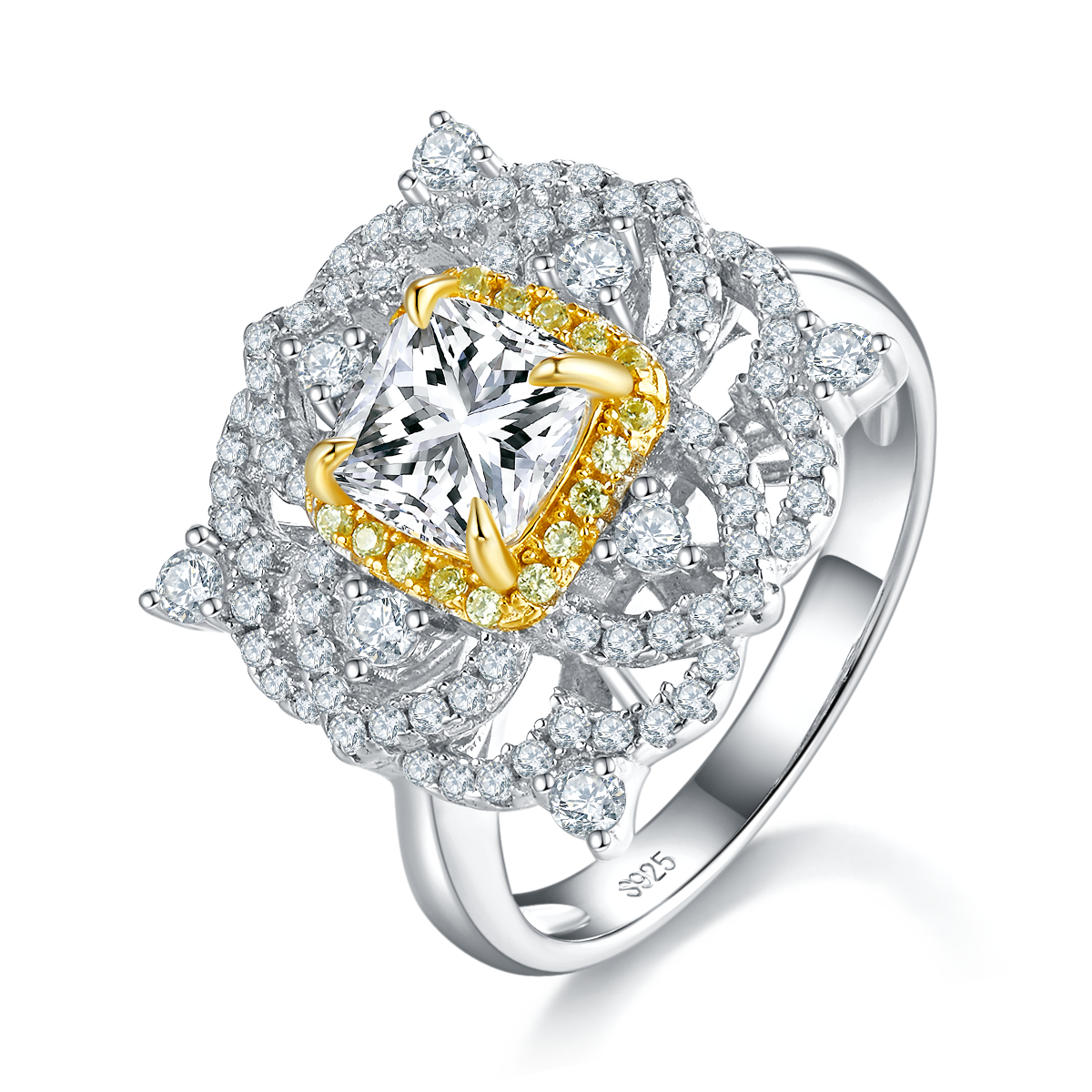 Luxury Full Diamond Encircled Round Diamond Women's Ring S925 Silver Plated Platinum+Yellow Gold Customized Selection Main Stone Moissanite 1.0ct/Side Stone Cubic Zirconia