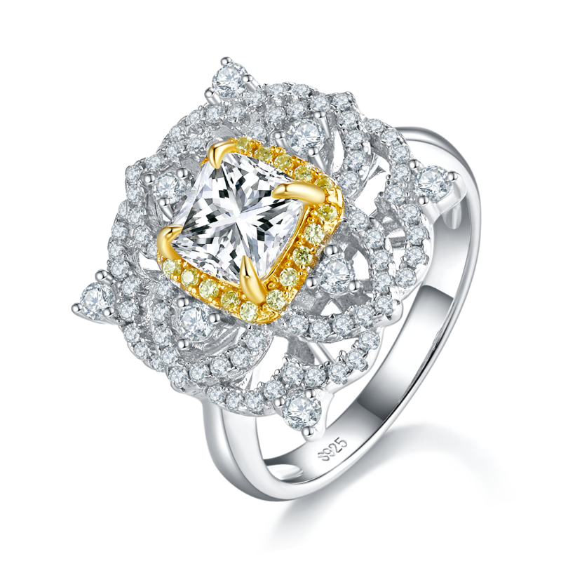 豪华款满钻围镶圆钻Women's RingS925银镀白金+K黄定制选款主石Moissanite1.0ct/副石高碳钻