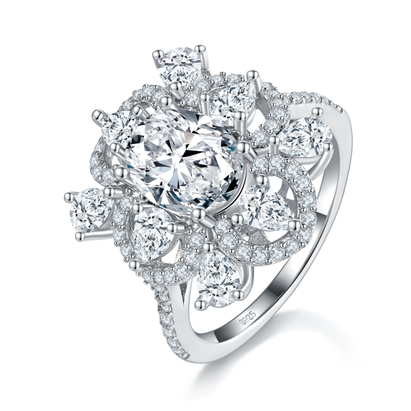 豪华四叶草蛋形钻Women's RingS925银镀白金定制选款主石Moissanite2.0ct/副石高碳钻