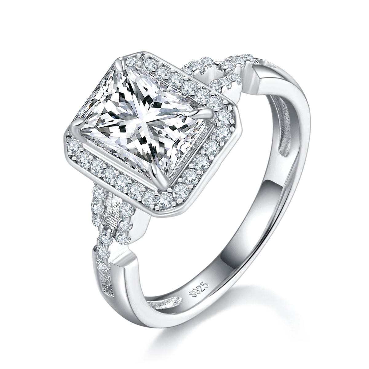 Luxury Small Square Diamond Set Women's Ring S925 Silver Plated Platinum Customized Selection Main Stone Moissanite 2.0ct/Side Stone Cubic Zirconia
