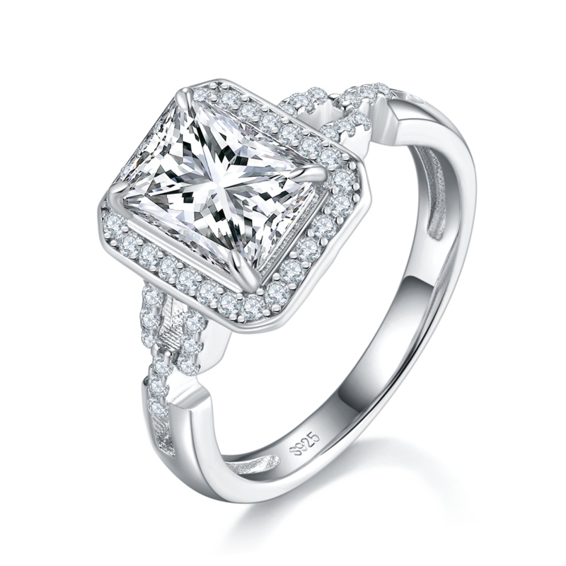 豪华款小方钻围镶女戒S925银镀白金定制选款主石莫桑钻2.0ct/副石高碳钻