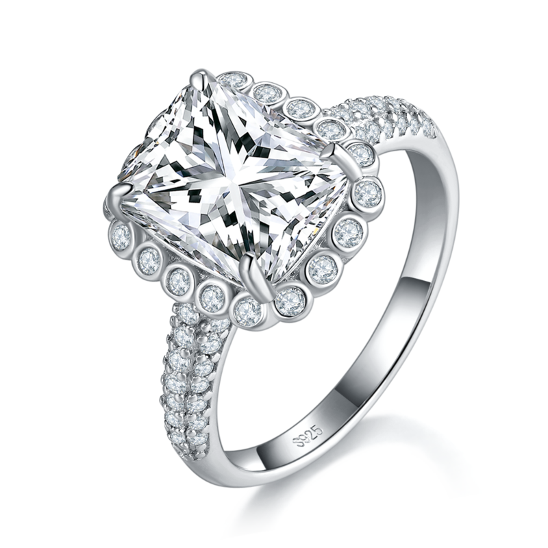 长方钻Women's RingS925银镀白金定制选款主石Moissanite4.0ct/副石高碳钻