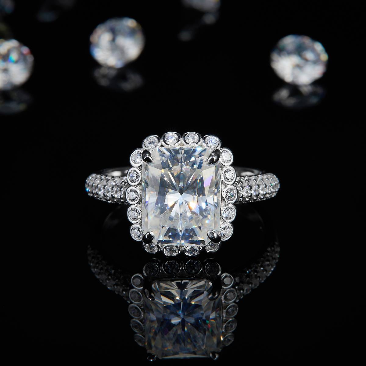 Rectangular Diamond Women's Ring S925 Silver Plated Platinum Customized Selection Main Stone Moissanite 4.0ct/Side Stone Cubic Zirconia