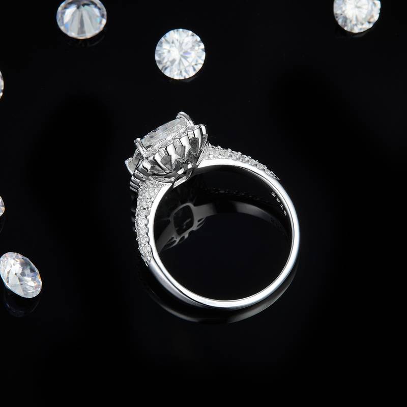 长方钻Women's RingS925银镀白金定制选款主石Moissanite4.0ct/副石高碳钻