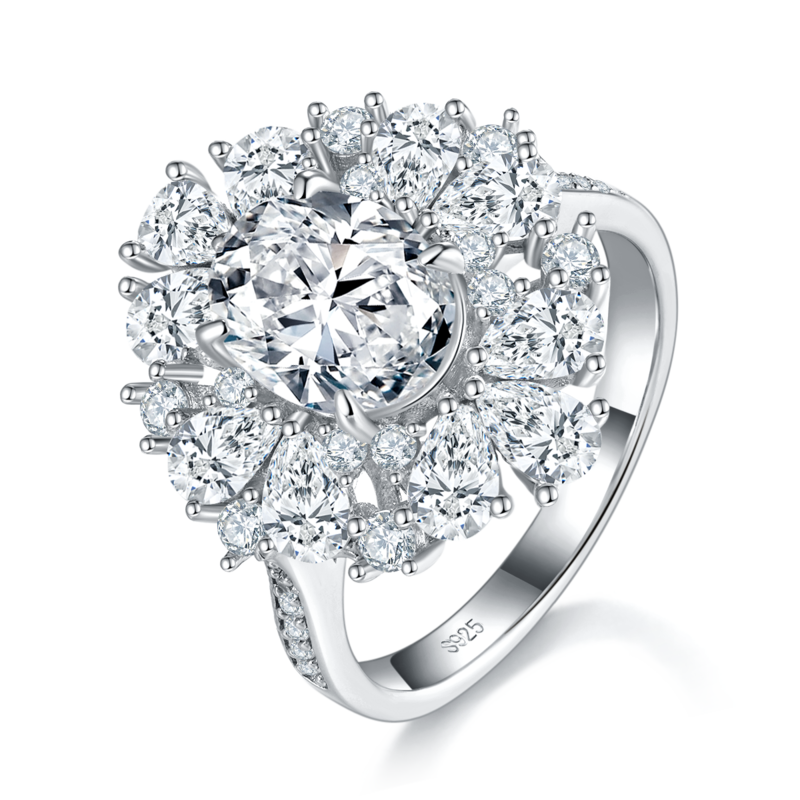 梨形小钻围镶蛋形Women's RingS925银镀白金定制选款主石Moissanite2.0ct/副石高碳钻