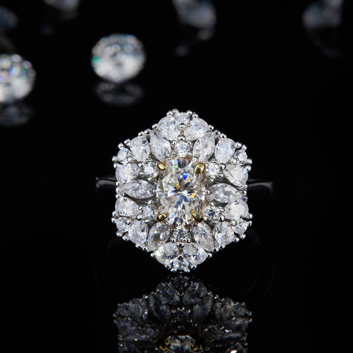 Alien small diamond set Oval women's ring S925 silver plated white gold custom selection main stone Moissanite 1.0ct/Side Stone Cubic Zirconia