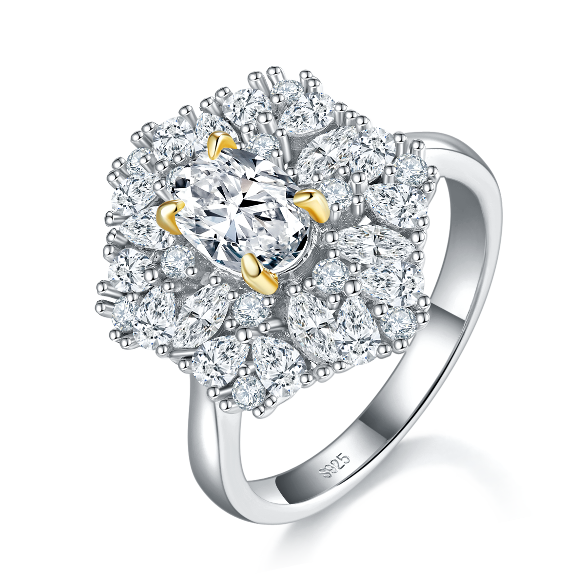 Alien small diamond set Oval women's ring S925 silver plated white gold custom selection main stone Moissanite 1.0ct/Side Stone Cubic Zirconia