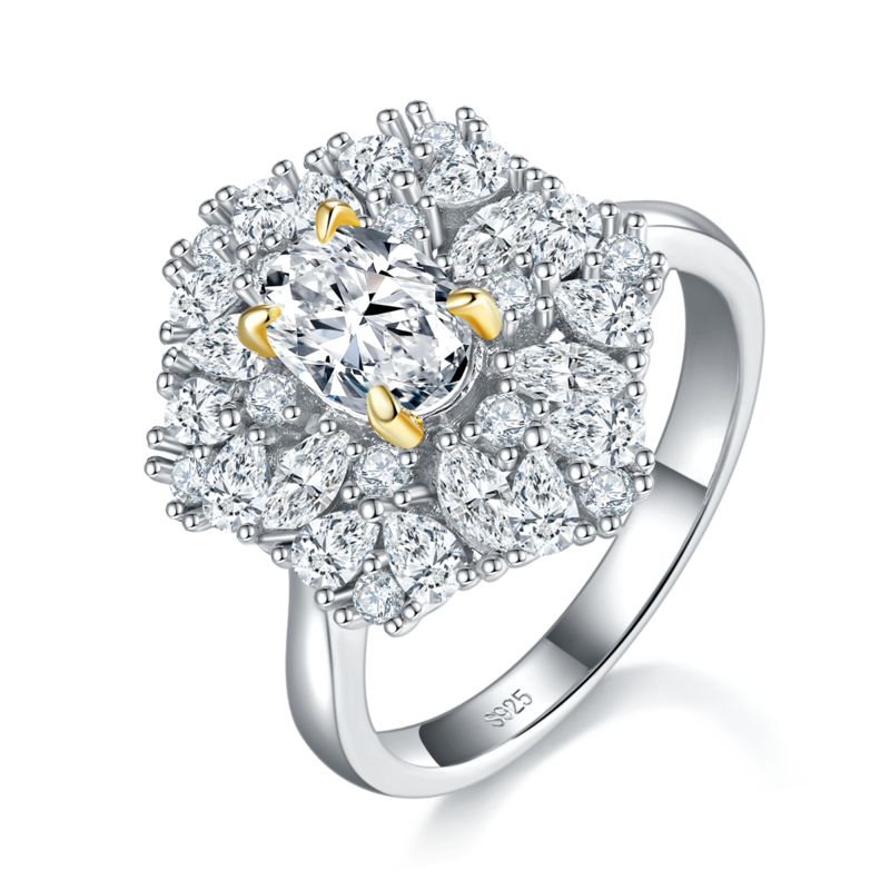 异形小钻围镶蛋形Women's RingS925银镀白金定制选款主石Moissanite1.0ct/副石高碳钻