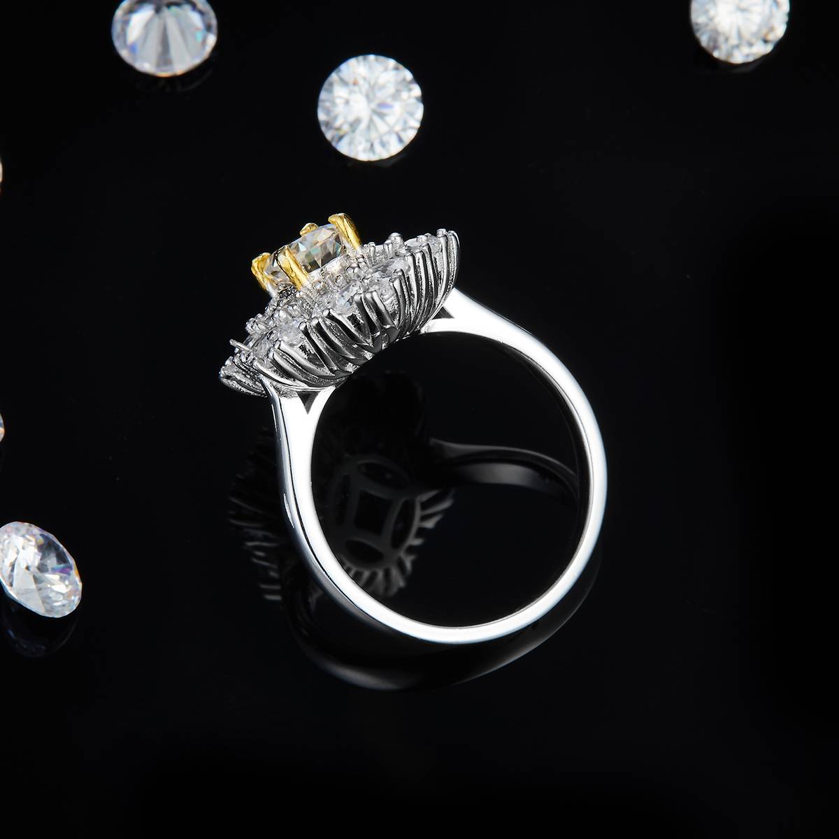 Alien small diamond set Oval women's ring S925 silver plated white gold custom selection main stone Moissanite 1.0ct/Side Stone Cubic Zirconia