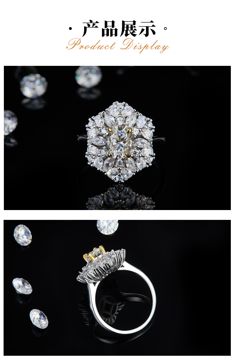 异形小钻围镶蛋形女戒S925银镀白金定制选款主石莫桑钻1.0ct/副石高碳钻 - 3