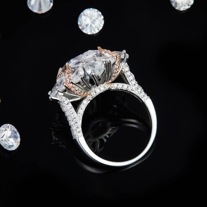 梨形小钻围镶枕形钻Women's RingS925银镀白金定制选款主石Moissanite7.0ct/副石高碳钻