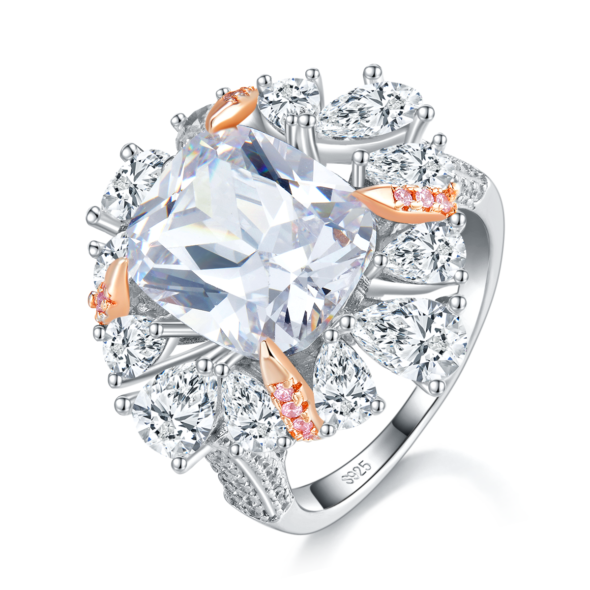 Pearl Small Diamond Encircled Cushion Diamond Women's Ring S925 Silver Plated Platinum Customized Selection Main Stone Moissanite 7.0ct/Side Stone Cubic Zirconia