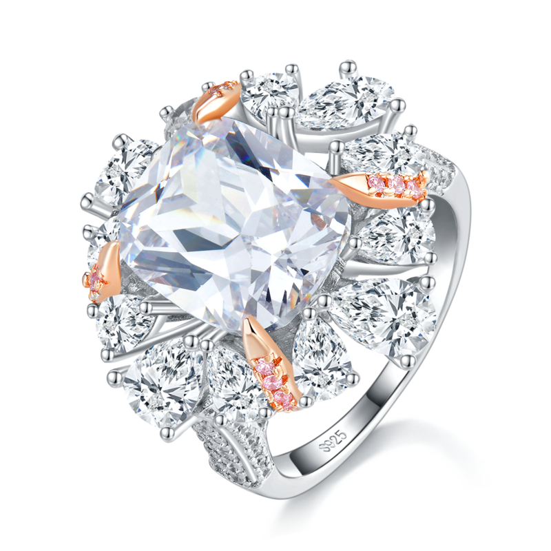 梨形小钻围镶枕形钻Women's RingS925银镀白金定制选款主石Moissanite7.0ct/副石高碳钻