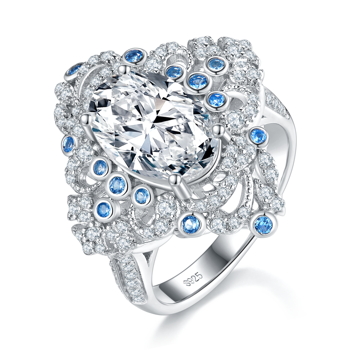 Light Luxury Full Diamond Four Leaf Clover Oval Women's Ring S925 Silver Plated Platinum Customized Selection Main Stone Moissanite 4.5ct/Side Stone Cubic Zirconia